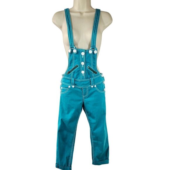 Kawi Jamele Low Rise Stretch Detachable Bib Overall US Size S Teal Denim Japanes - Picture 1 of 13